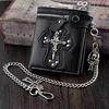 Mens Gothic Cross Clasp Leather Wallet With Antique Biker Chain Black
