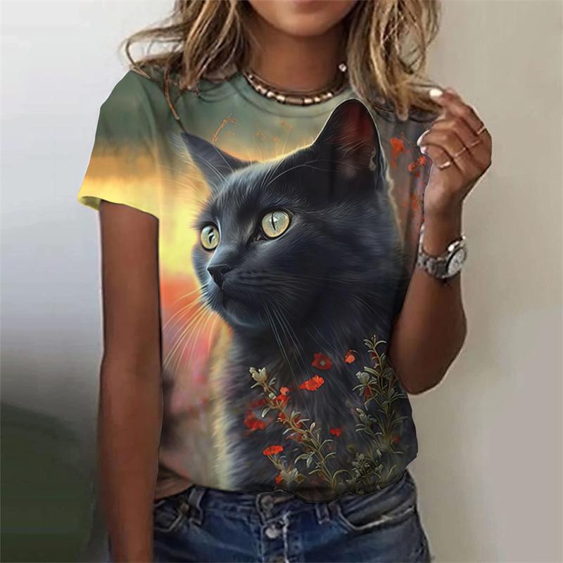 Новая женская футболка с рисунком кота, животное, 3D-принт, летняя повседневная футболка с круглым вырезом и коротким рукавом, топы Y2k, одежда в стиле Харадзюку для женщин