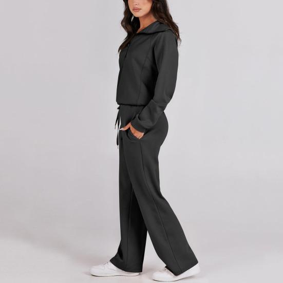 2Pcs/Set Women Solid Color Casual Outfit Lapel Zipper Neckline Long Sleeve Sweatshirt Elastic Waist Drawstring Wide Leg Pants Set