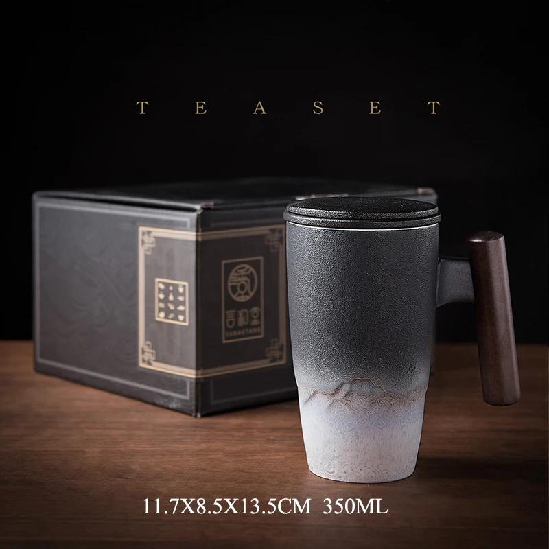 Luxury Mug Ceramic Tea Cup Handmade Aesthetic Chinese Retro Mugs Coffee Cups Elegant Teacup Teaware Water Cup Wooden Handle Business Gift Set