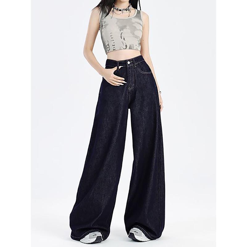 Spring and Autumn American Dark Blue Jeans Women's New Small High Waist and Thin Straight Loose Wide-leg Pants