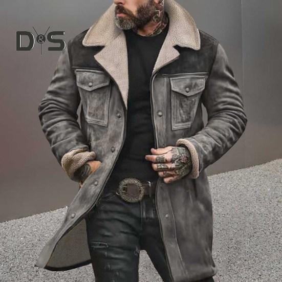 Men Jacket Large Plush Lapel Long Sleeve Vintage Suede Jacket with Pockets Zipper Up Mid-length Motorcycle Coat