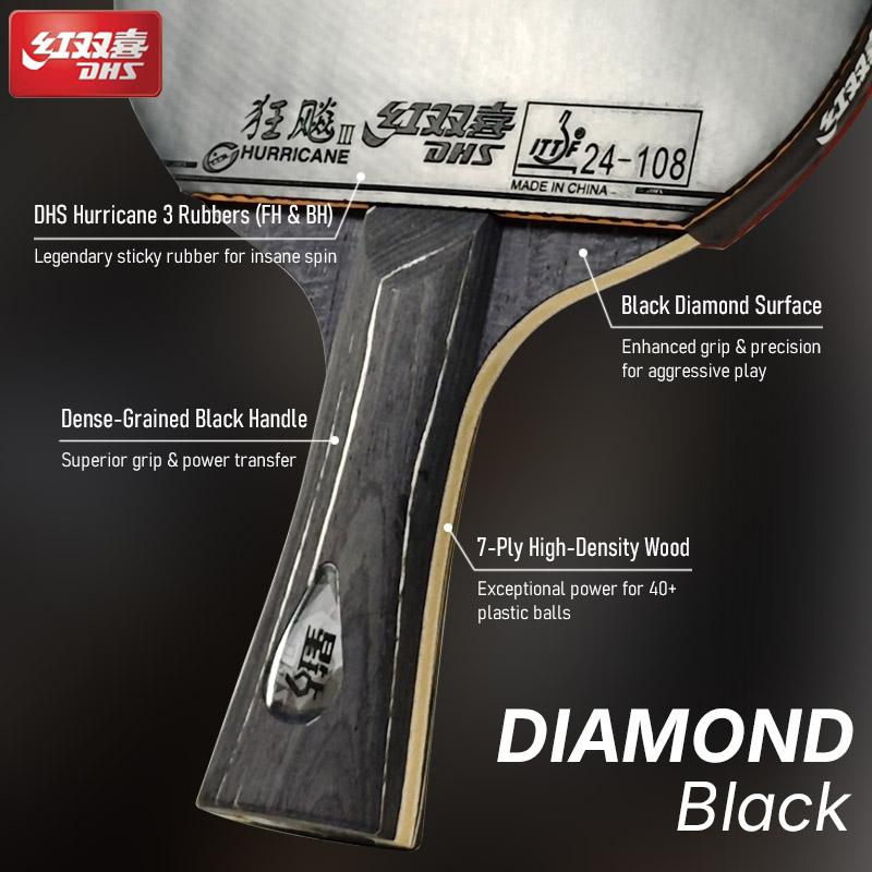 Настольная ракетка DHS DIAMOND Black 7-слойная с накладками Hurricane 3 - Профессиональная ракетка для пинг-понга для вращения и скорости