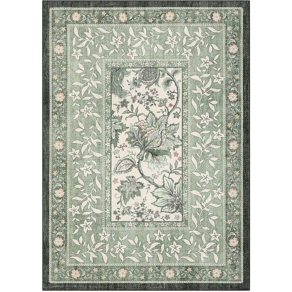 Green Living Room Carpet Soft Plants Flower Bedroom Bedside Floor Mat Vintage Home Decoration Cottagecore Non-Slip Washable Rug