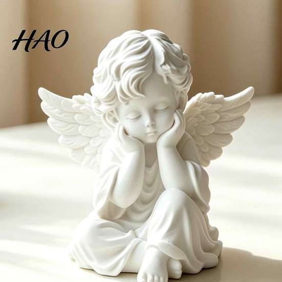 PLA Angel Statue 3D Printed Retro Figurine, Holding Chin Guardian Statue, Matte White Sculpture for Home Office Desk Decor