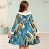 Girls White Furry Collar Long Sleeve Green Blue Leaf Printed Bow Waist A Line Flared Dress