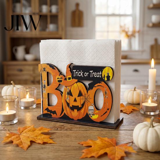 Halloween Napkin Holder Wooden Holder, Ghost Pumpkin Decorative Tabletop Tissue Dispenser, Rustic Kitchen Counter Storage Paper Organizer for Holiday