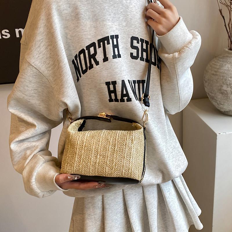 Chic Black And Khaki Pu Woven Shoulder Bag For Summer Beach Vacation Style