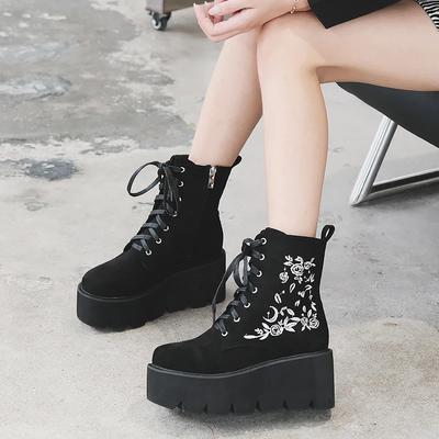 Цветочные ботинки на платформе, массивные панк, замшевая кожа, женская готическая обувь, клубные ботинки на шнуровке на платформе