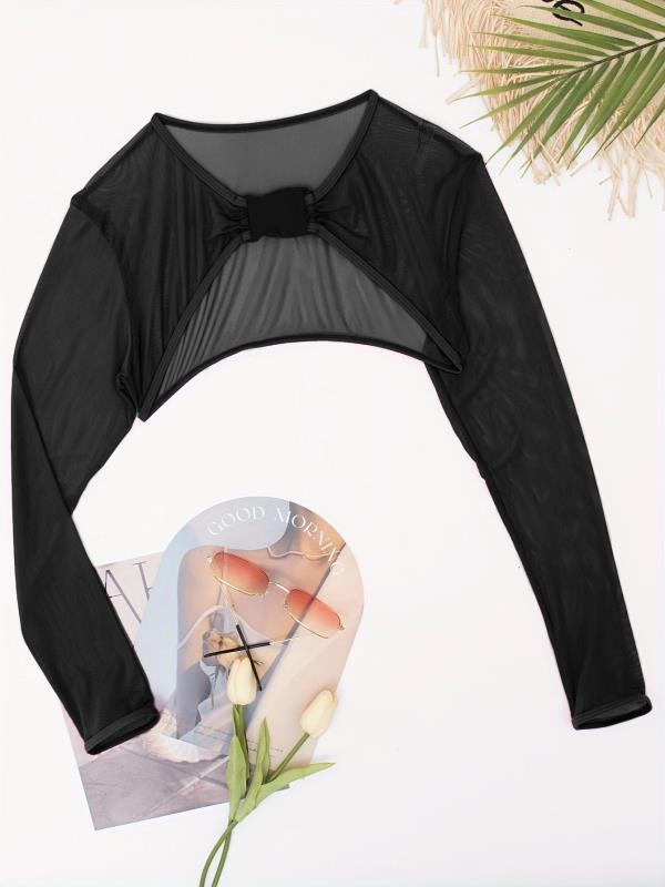 2025 Европейский и американский сетчатый сексуальный купальник женский с длинным рукавом накидка горячий источник пляжная одежда однотонный топ