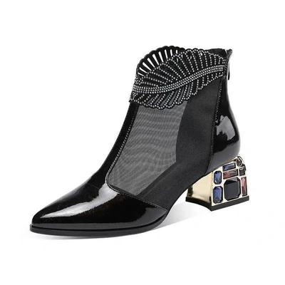 Новые женские ботинки на среднем каблуке с полым толстым каблуком, сандалии из сетчатой пряжи со стразами, женские лакированные кожаные сапоги большого размера из сетки
