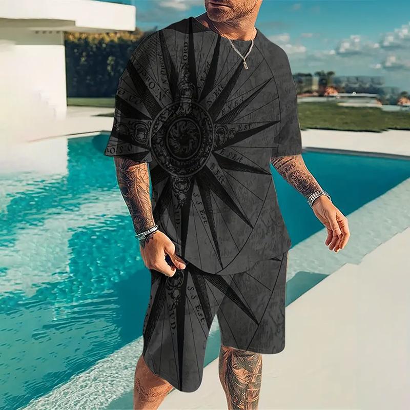 Мужская футболка из двух частей, винтажная футболка с принтом солнца 3D, шорты, летний повседневный свободный быстросохнущий мужской костюм, одежда для вечеринок