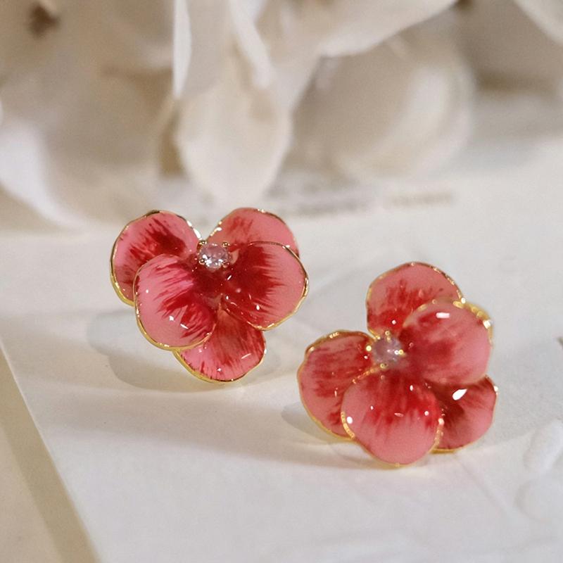 Huitan Gorgeous Red Enamel Flower Stud Earrings for Women Gold Color with CZ Sweet Wedding Engagement Charming Party JewelryGood product