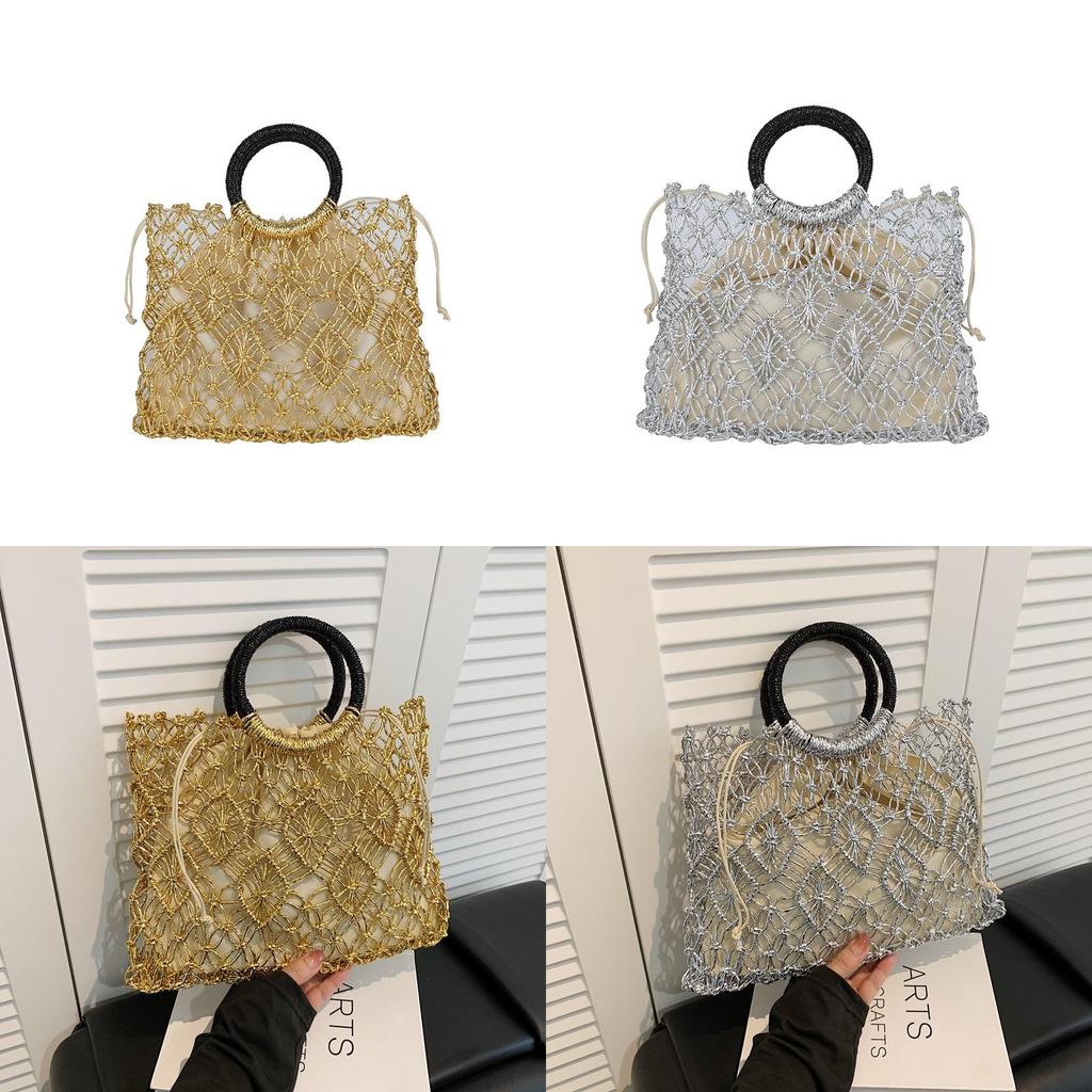Summer Woven Straw Tote Bag For Beach Vacation With Hollow Cutout Design For Casual Wear