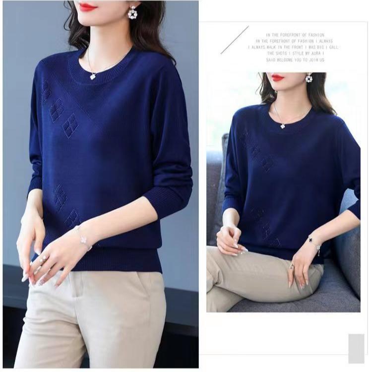 Осень-зима Женский свитер больших размеров с длинным рукавом Свободный круглый вырез Трикотажный свитер со стразами Трикотажный топ Эластичный джемпер