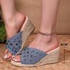 Fashion Fashion Rivet Decor Wedge Heel Sandals for Women Summer 2025 Blue Denim Espadrille Slippers Woman Peep Toe Roman Sandalias Mujer