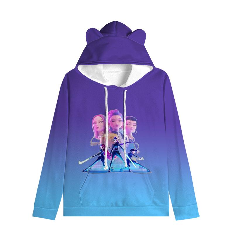 Huntrix Девушка Толстовка с капюшоном с кошачьими ушками Мультяшная K-pop Охотники на демонов На шнурке Толстый Пуловер Зои Руми Мира Средней длины Теплая Толстовка