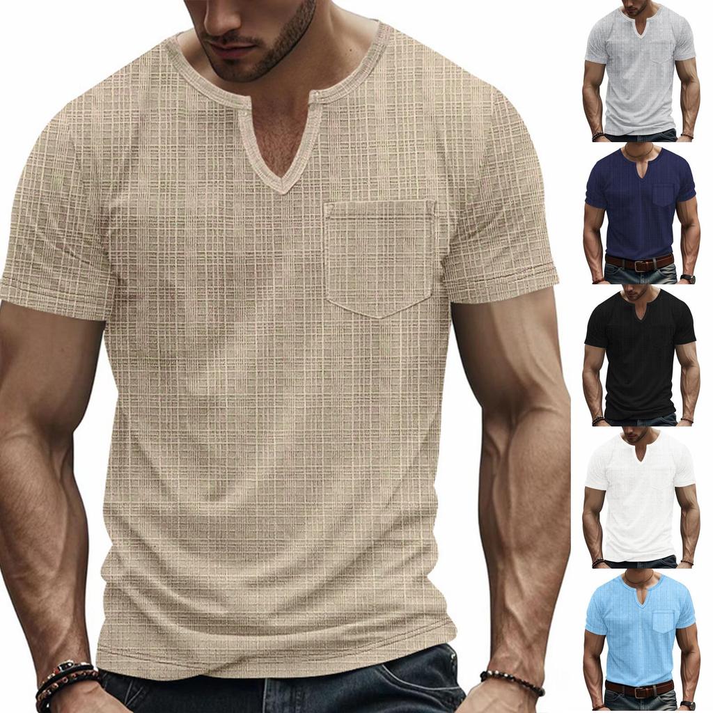 Мужская футболка-henley с коротким рукавом, нагрудным карманом, повседневная, из легкой текстурированной ткани, с вырезом