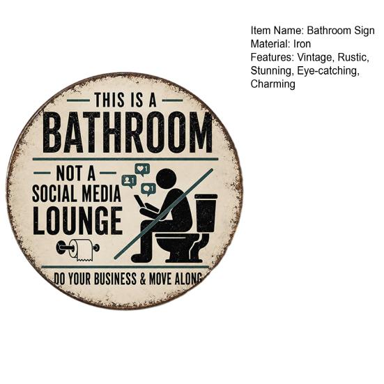 Rustic Bathroom Decor for Farmhouse Vintage Metal Tin Sign, 8 Inch Round Wall Hanging Accessories Plaque, Retro Funny Decorative Sign Restroom House
