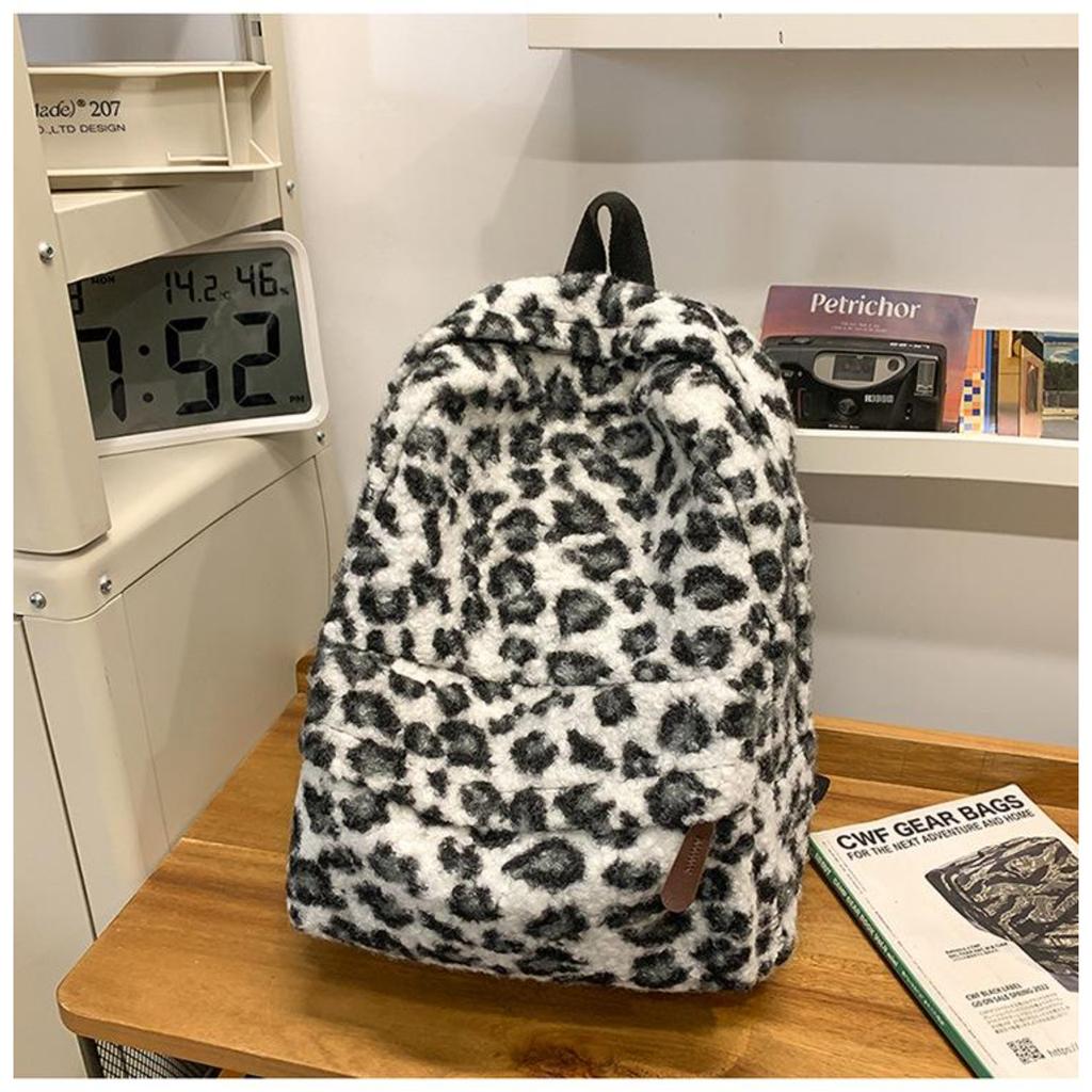 Y2K Vintage Plush Leopard Print Backpack for Girls Large Capacity College Students Schoolbag Casual Portable Ladies Shoulder Bag