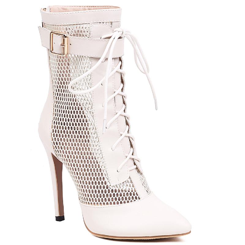 Сексуальные сетчатые ботильоны для женщин с острым носком, весенне-летняя обувь, женские черные, белые каблуки, дышащие танцевальные ботинки, большой размер 45