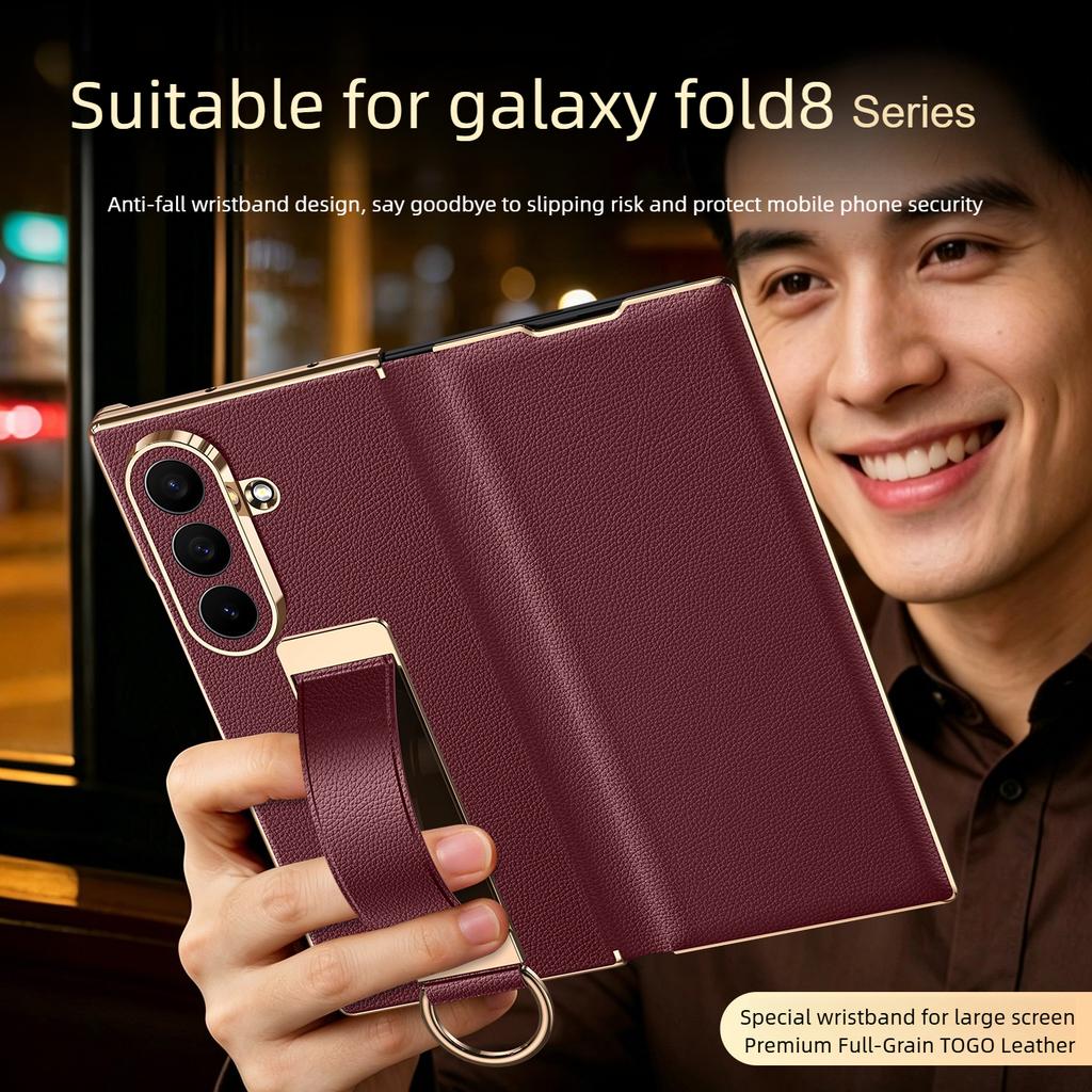 Luxury Genuine Leather Magnetic Flip Case for Samsung Z Fold 8 & Fold8 Ultra Fold7 Dual Hinge,Wrist Strap Ring Holder Stand Case
