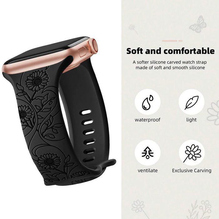 2x Bracelet pour Apple Watch Series 10, 9 8 SE 7 6 5 4 3 2 1 Ultra 2, 42mm-44mm-45mm-46mm-49mm Silicone Gravure Tournesol Noir/Rose