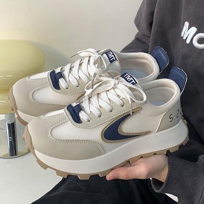 Новые женские кроссовки на платформе, женская повседневная обувь для ходьбы, модная кожаная трикотажная спортивная обувь в стиле пэчворк, кроссовки на шнуровке