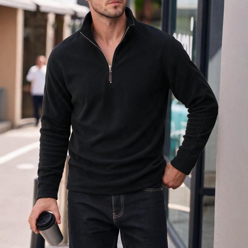 Men S Fleece Half Zip Solid Color Stand Collar Sweatshirt