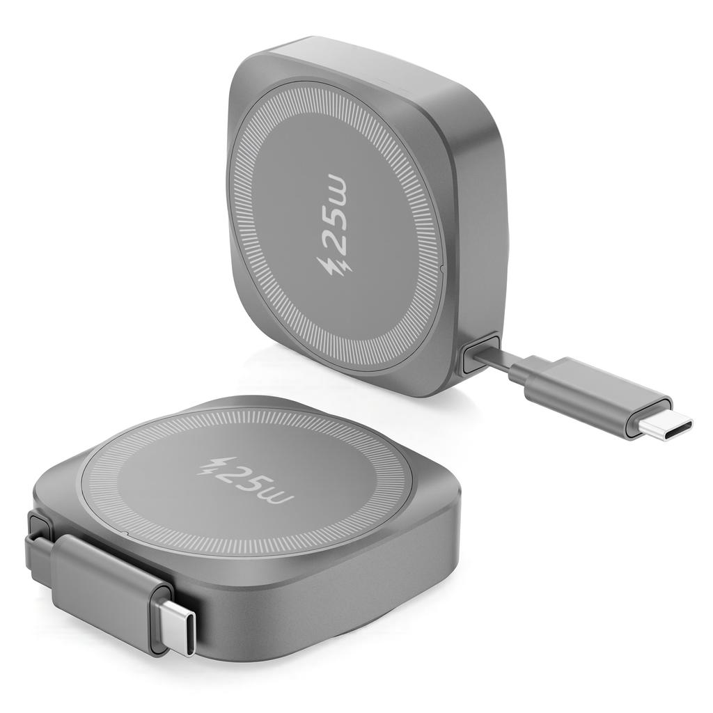 25W Pocket Magnetic Wireless Charger for iphone 16 /17 Type c Charging Adapter with Retractable Cable CE RoHS FCC Certificated