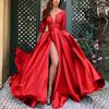 Women's Fashion Long Sleeve V-Neck Bronzing Large Lace Sexy Long Dress Tail Banquet Evening Dress