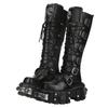 Fashion Metal Buckle Square Toe Knee High Boots Women Black PU Leather Punk Long Boots Woman Autumn Chunky Heels Motorcycle Booties