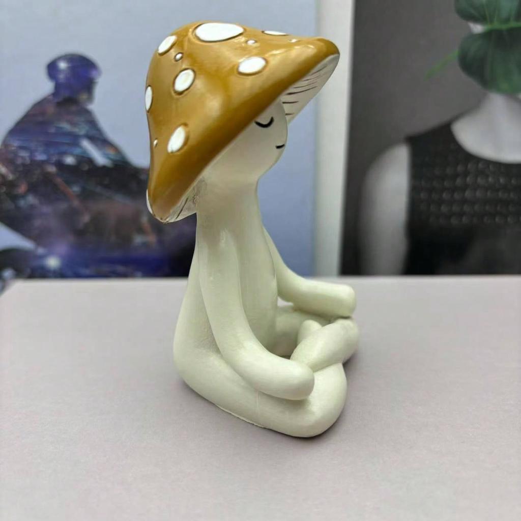 1pc Cute Meditation Sitting Yoga Mushroom Desktop Decor, Yoga Mushroom Ornament Home Living Room Decoration, Garden Resin Craft Gift