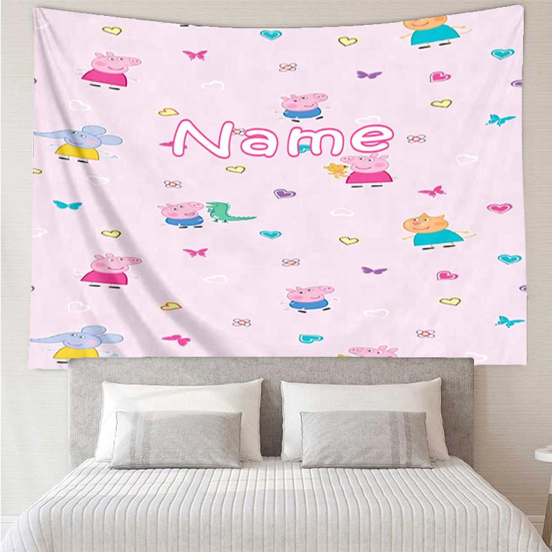 Custom Name Peppa Pig Print Tapestry, Backdrop, Easy Setup, Ideal for Bedroom, Office & Living Room, with Aesthetic Wall Hanging Decor.