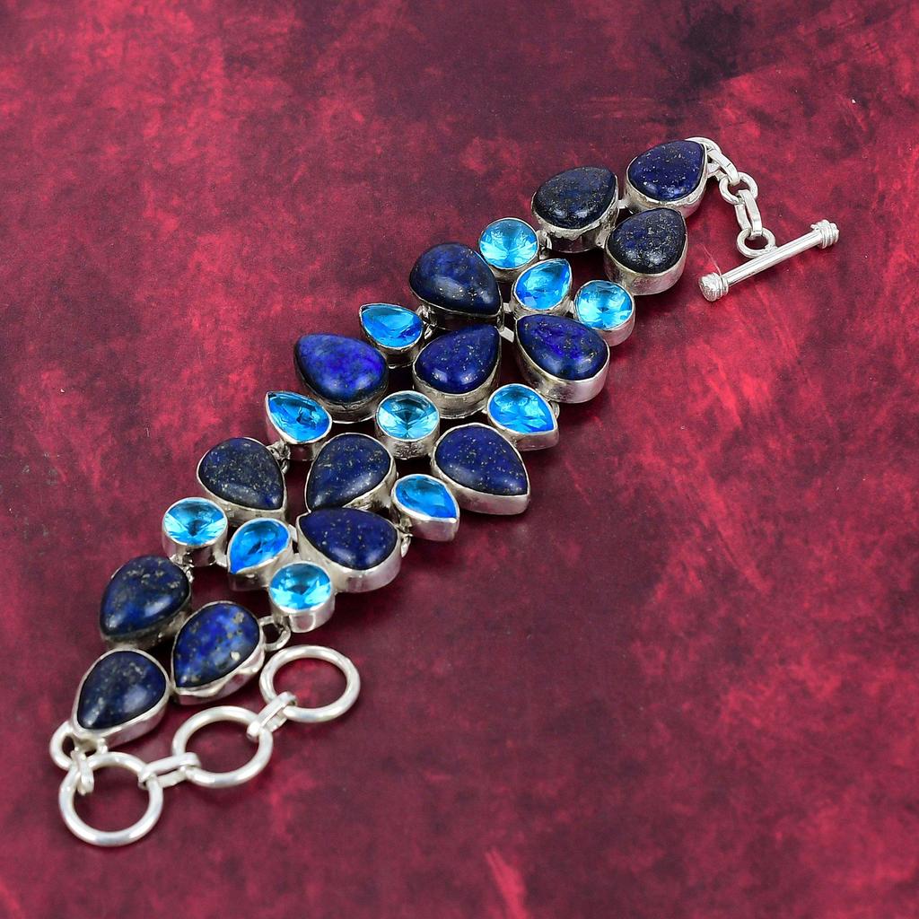 Лазурит, браслет с голубым топазом, ювелирные изделия из цельного серебра 925 пробы с драгоценными камнями, браслет ручной работы на День матери