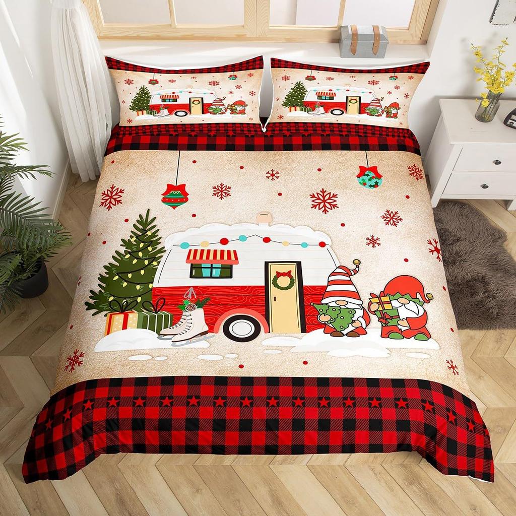 Geometric Grid Christmas Tree Three-Piece Digital Printed Bedding Set Bed Cover