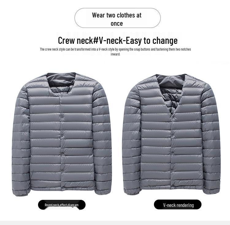 Мужская легкая пуховая куртка без воротника 2024 года - Круглый/V-образный вырез, Большой размер, Теплый внутренний слой