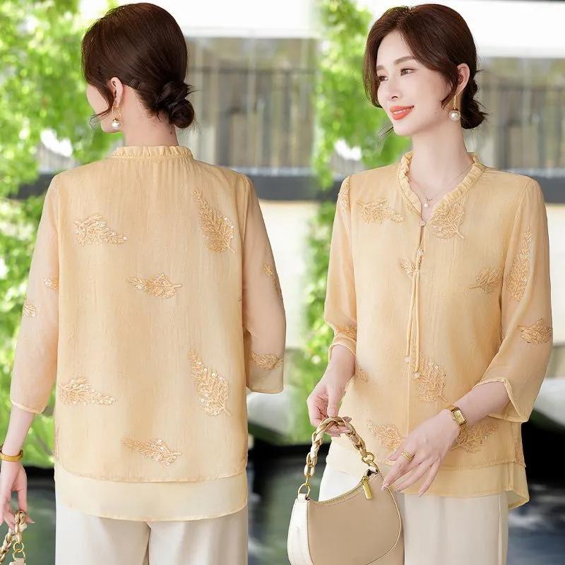 Женская светло-голубая шифоновая блузка Элегантная с вышивкой V-образный вырез Половинный рукав Повседневный офисный топ