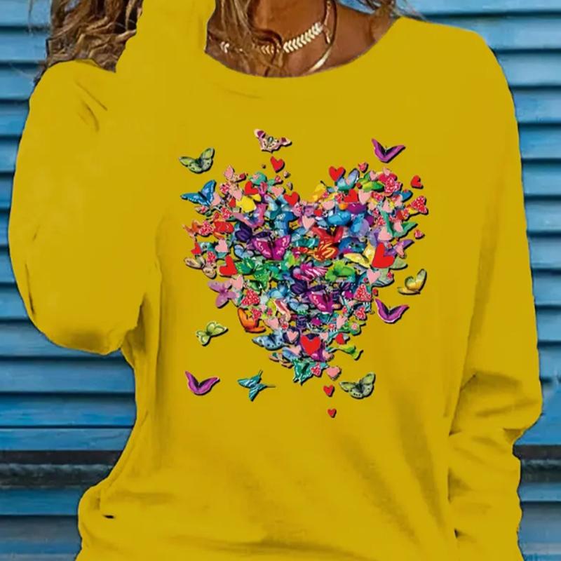 Топы для женщин с принтом в виде летящей бабочки, круглым вырезом и длинным рукавом, футболка на осень, облегающий женский топ с длинным рукавом