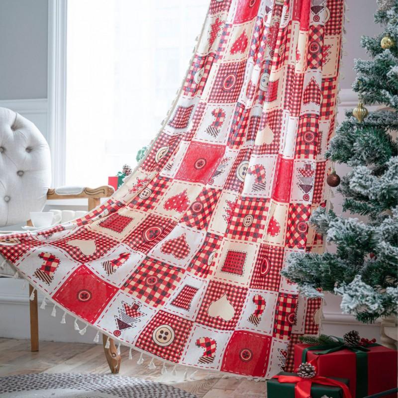 Christmas Decorative Semi-Sheer Curtain Bedroom Door Or Cabinet Cotton-Linen Print Panel With Rod Pocket Festive Retro Style