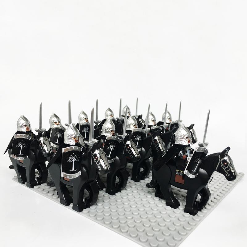 Medieval Knights Castle Cavalry Rohan Soldiers Guard Army Lotr Cavalier With Weapon Armor Helmet Shield and Horse Figure Blocks