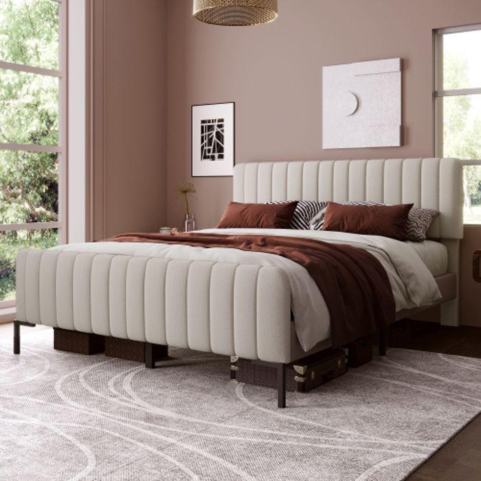 Lit double - MUVOE - 160 x 200 cm - Tête de lit réglable - Bois massif - Gris-beige