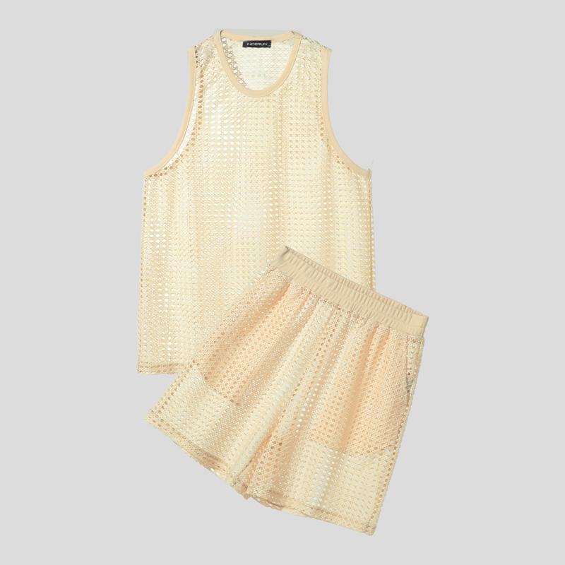 INCERUN Мужские майки без рукавов с вырезами и шорты, пляжные комплекты из двух предметов