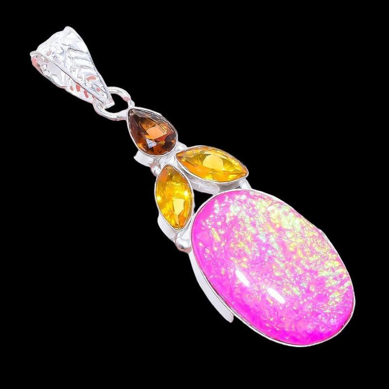 Pink Triplet Fire Opal, Citrine 925 Sterling Silver Jewelry Pendant 2.8" AH-3242