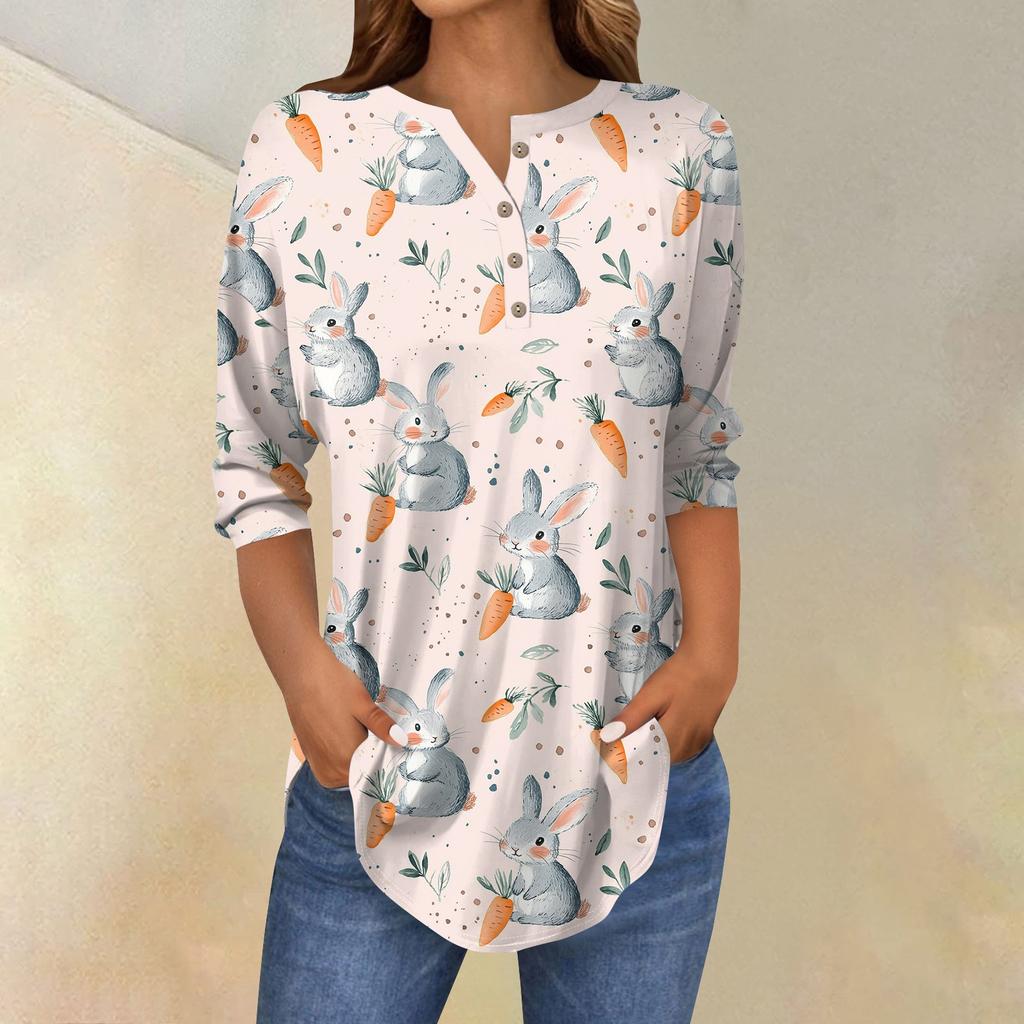 Women's 3/4 Sleeve Easter Egg Bunny Print Button Collar Fashion Casual Top