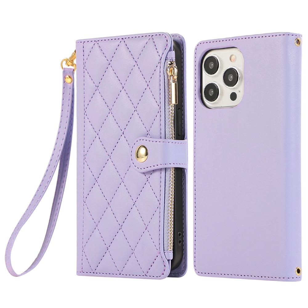 For iPhone 15 Pro Max Case Multi Card Slots Zipper Rhombus Leather Phone Cover with Wrist Strap