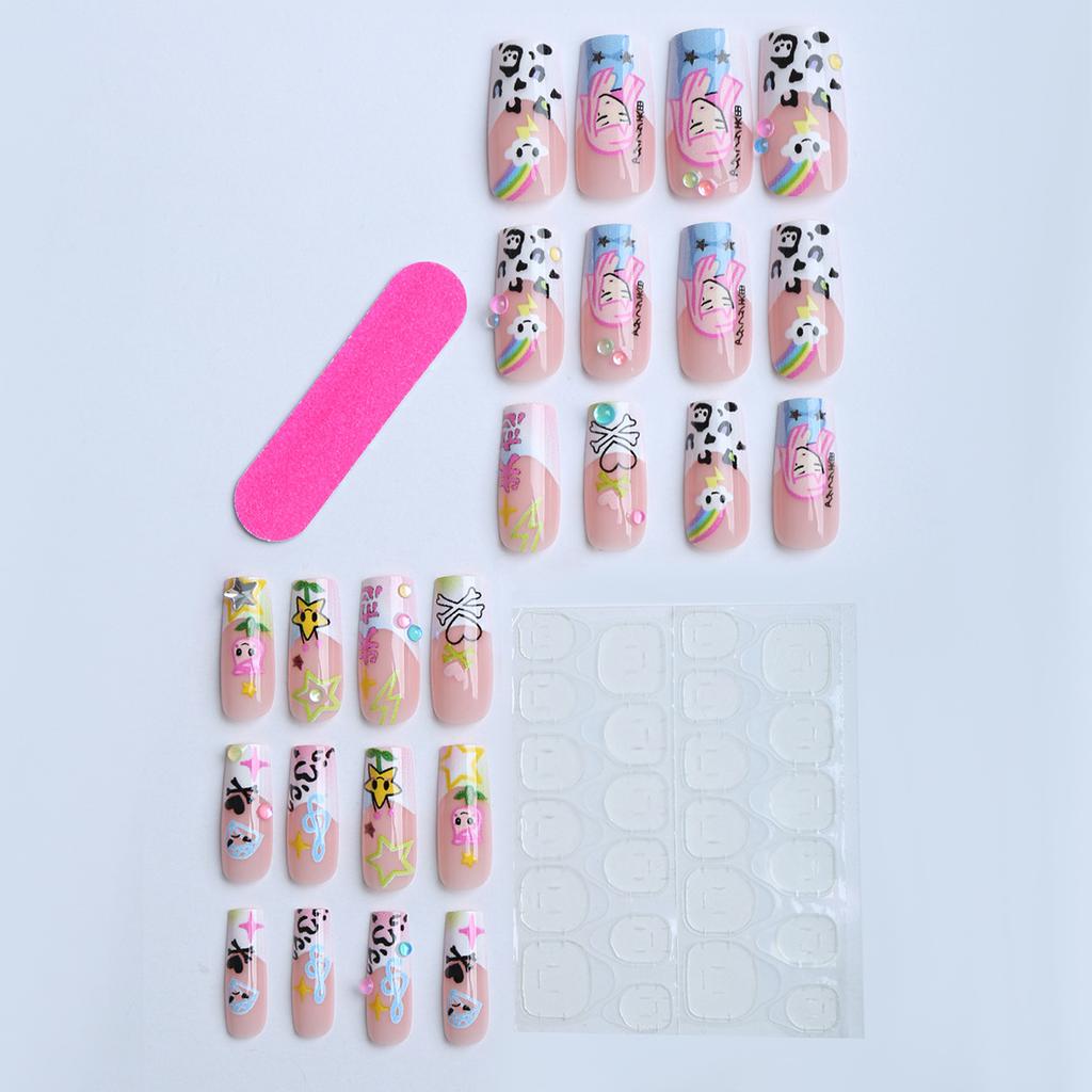 24-piece detachable fake nails with Japanese cartoon rainbow design, long nail tips