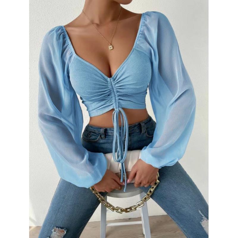 Summer Women's V-Neck Drawstring Lantern Sleeve Tight Fashion Sexy Blouse Top
