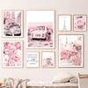 Pink Rose Paris Tower Posters and Prints Vintage Car Macaron Cake Wall Art Canvas Painting Wall Pictures for Living Room Decor
