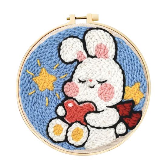 DIY Punch Stitch Kit for Beginners Cartoon Pattern with Punch Needle Hoop Punch Stitch Starter Craft Set for Adults Children